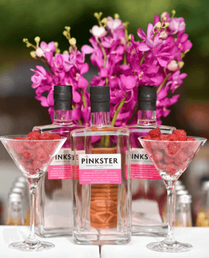Pinkster Gin with raspberries in martini glass and flowers