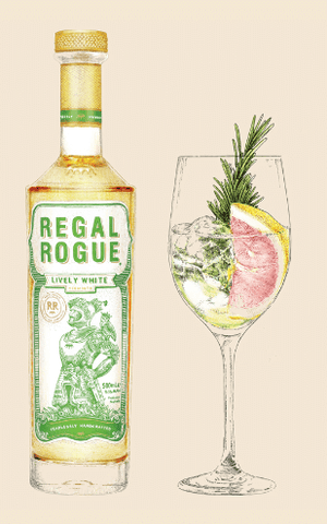 Illustration of Regal Rogue Lively White bottle with spritz glass next to it