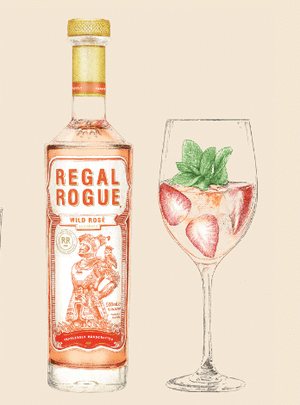 Illustration of Regal Rogue Wild Rose bottle and wine glass next to it with strawberry