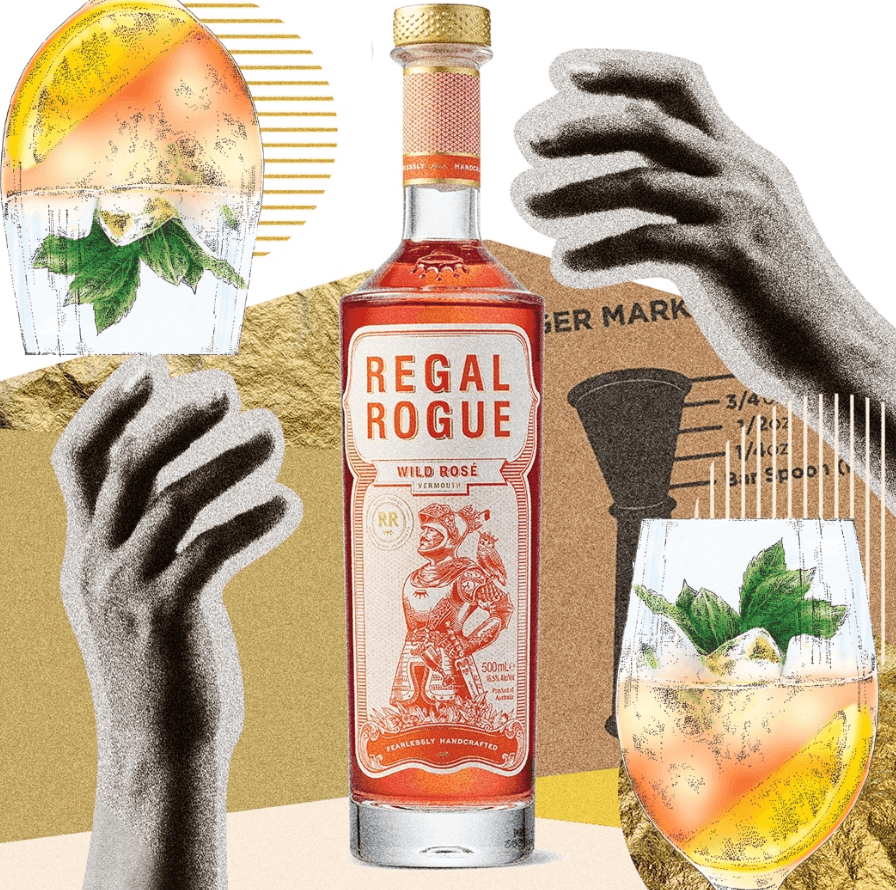 Regal Rogue rose vermouth with hands on the side and wine glass 