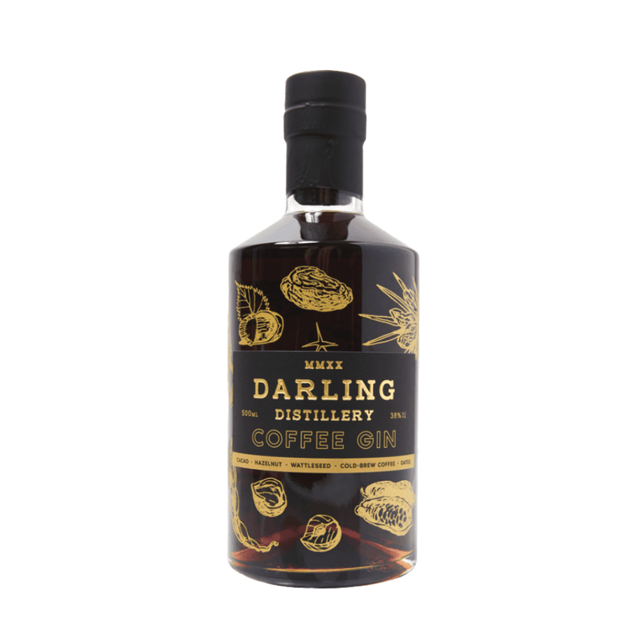 Darling Coffee Gin front of bottle against white background