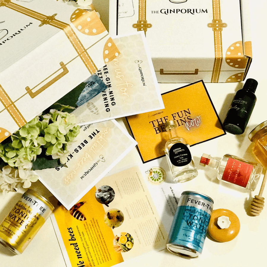 Flight of the Honeybee Gin Tasting Set with contents of set shown as flatlay