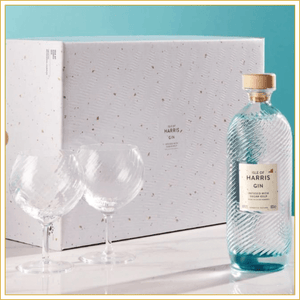 Isle of Harris Gin Copa Gift Set glasses in front of box blue background